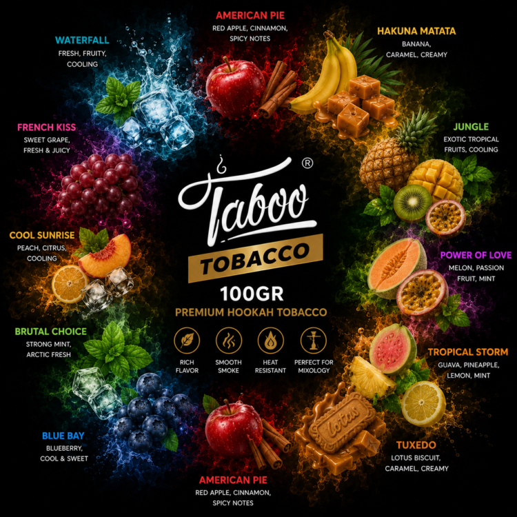 Taboo Tobacco 100gr premium hookah tobacco flavors collection with fruity, tropical and cooling blends