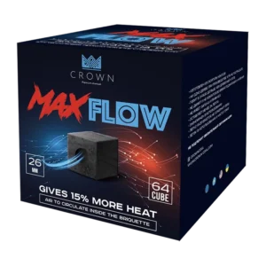 Crown MaxFlow Coconut Charcoal 26mm – 1kg Συσκευασία Crown MaxFlow coconut charcoal 26mm με τεχνολογία αυξημένης θερμότητας