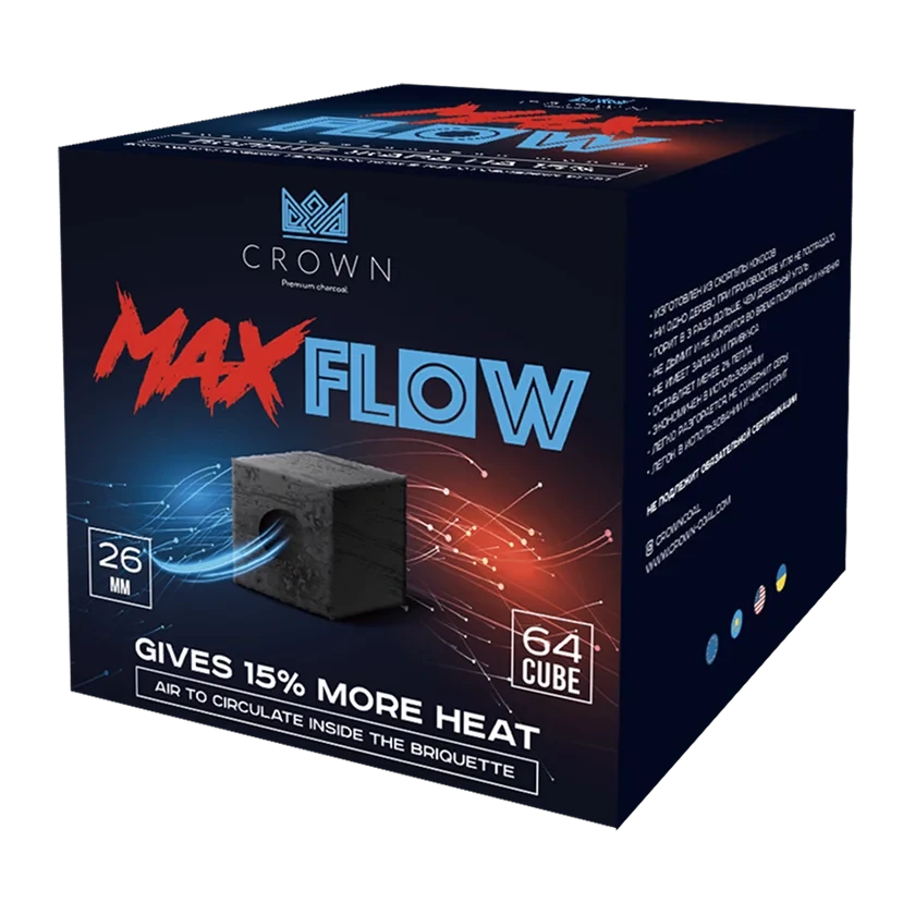 Crown MaxFlow Coconut Charcoal 26mm – 1kg Συσκευασία Crown MaxFlow coconut charcoal 26mm με τεχνολογία αυξημένης θερμότητας