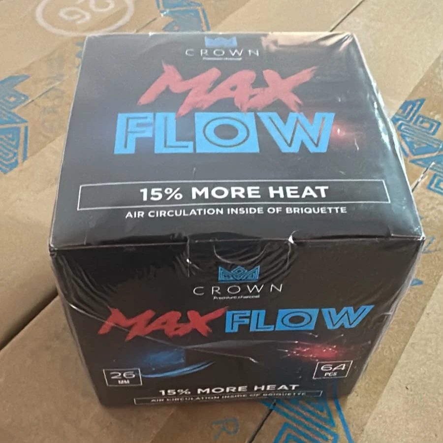 Crown MaxFlow Coconut Charcoal 26mm – 1kg Crown MaxFlow coconut charcoal 26mm 1kg με 64 κύβους για ναργιλέ